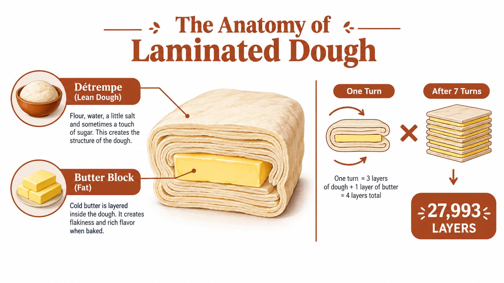 An infographic detailing the anatomy of laminated dough, showing the detrempe, butter block, and layer calculations.
