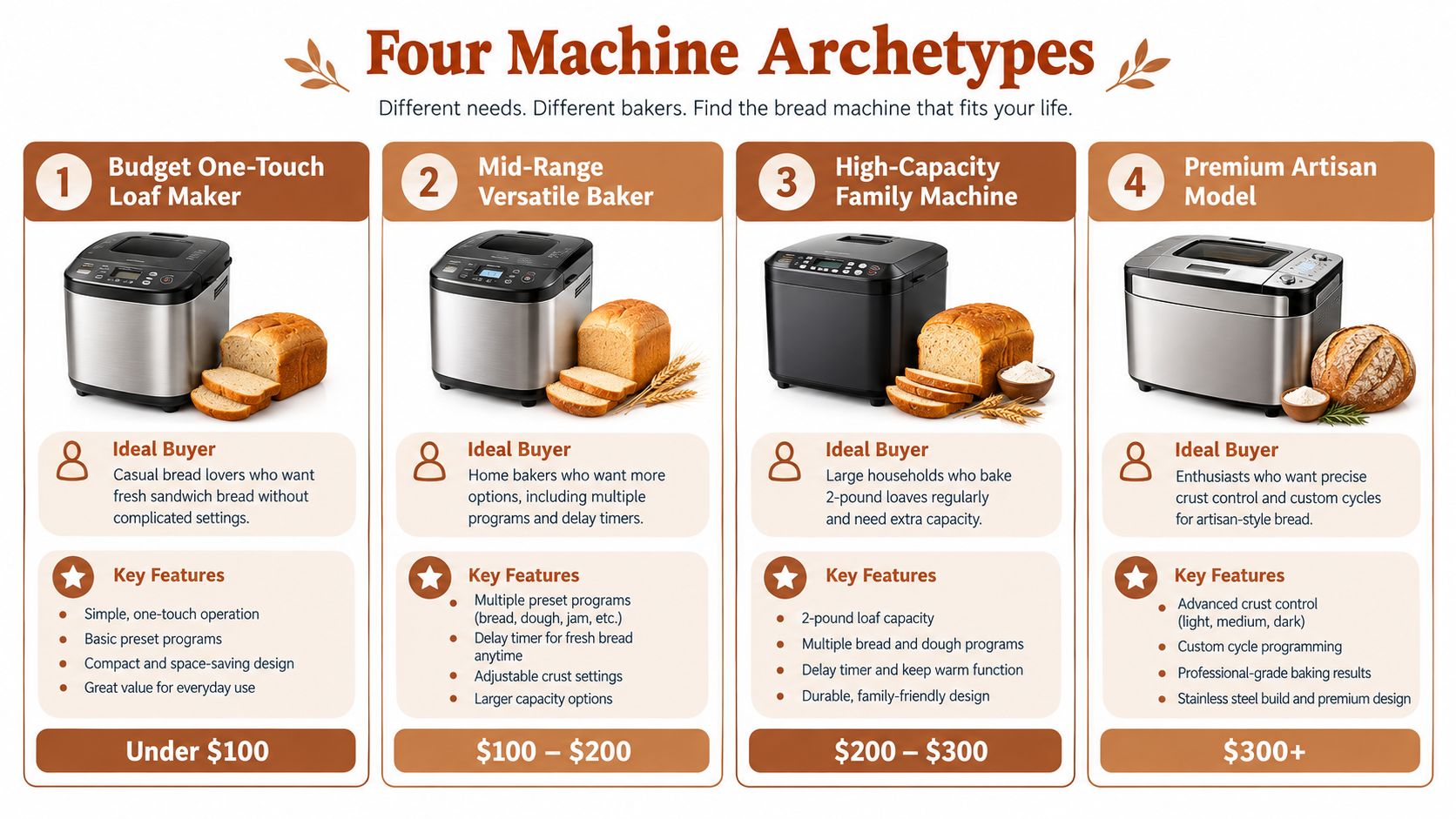 A comparison chart of four different bread machine archetypes, categorized by price, features, and ideal user.