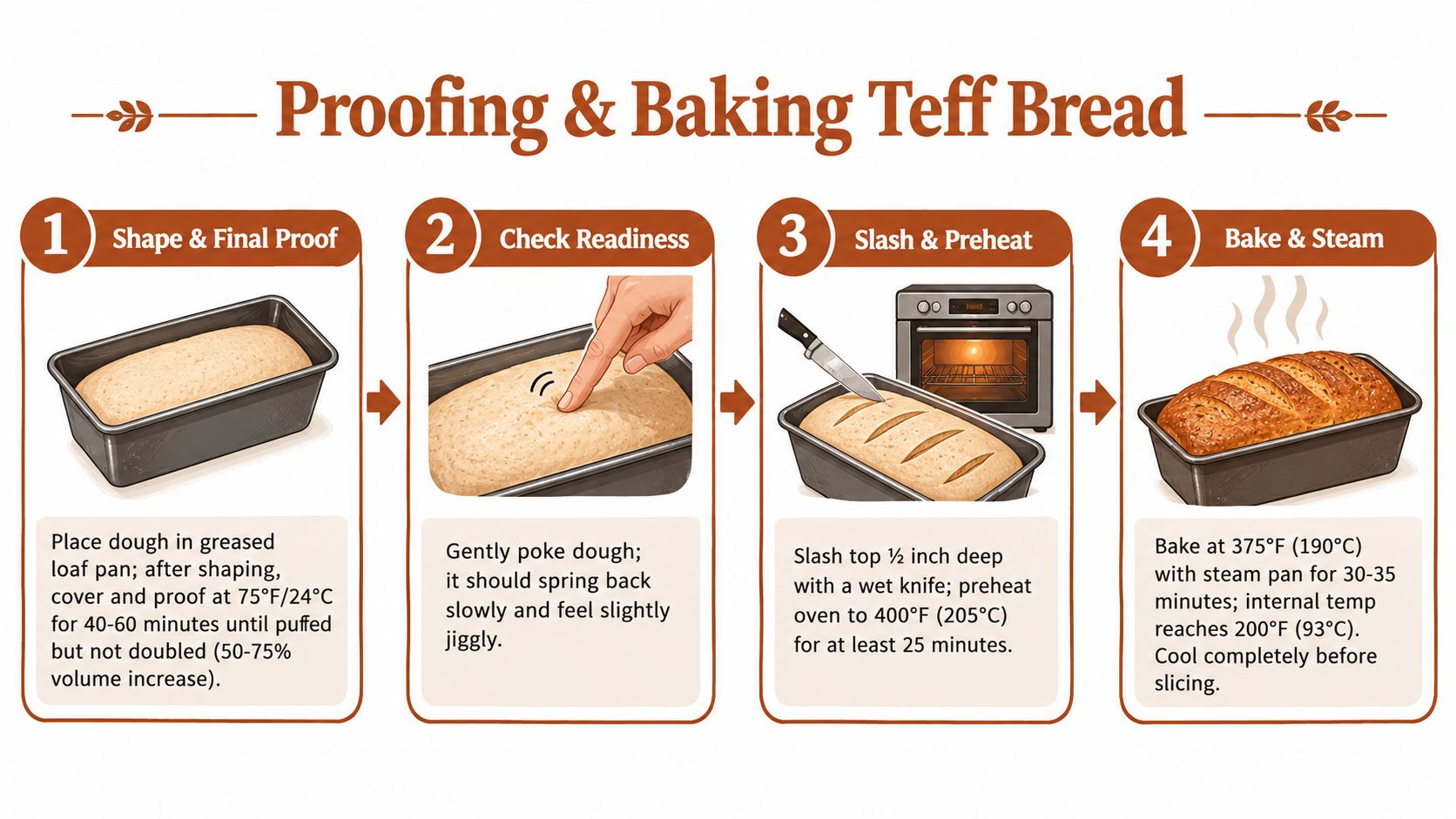 A step-by-step instructional infographic on how to properly proof and bake teff flour bread loaves.