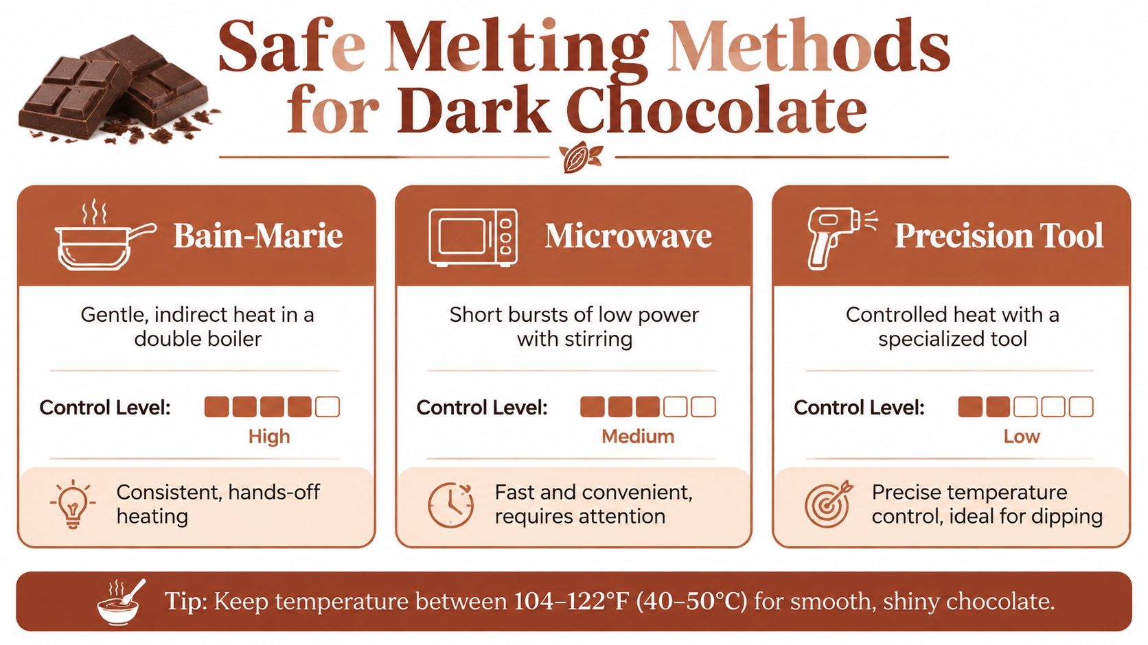 An infographic detailing three safe methods for melting dark chocolate including bain-marie, microwave, and precision tool techniques.