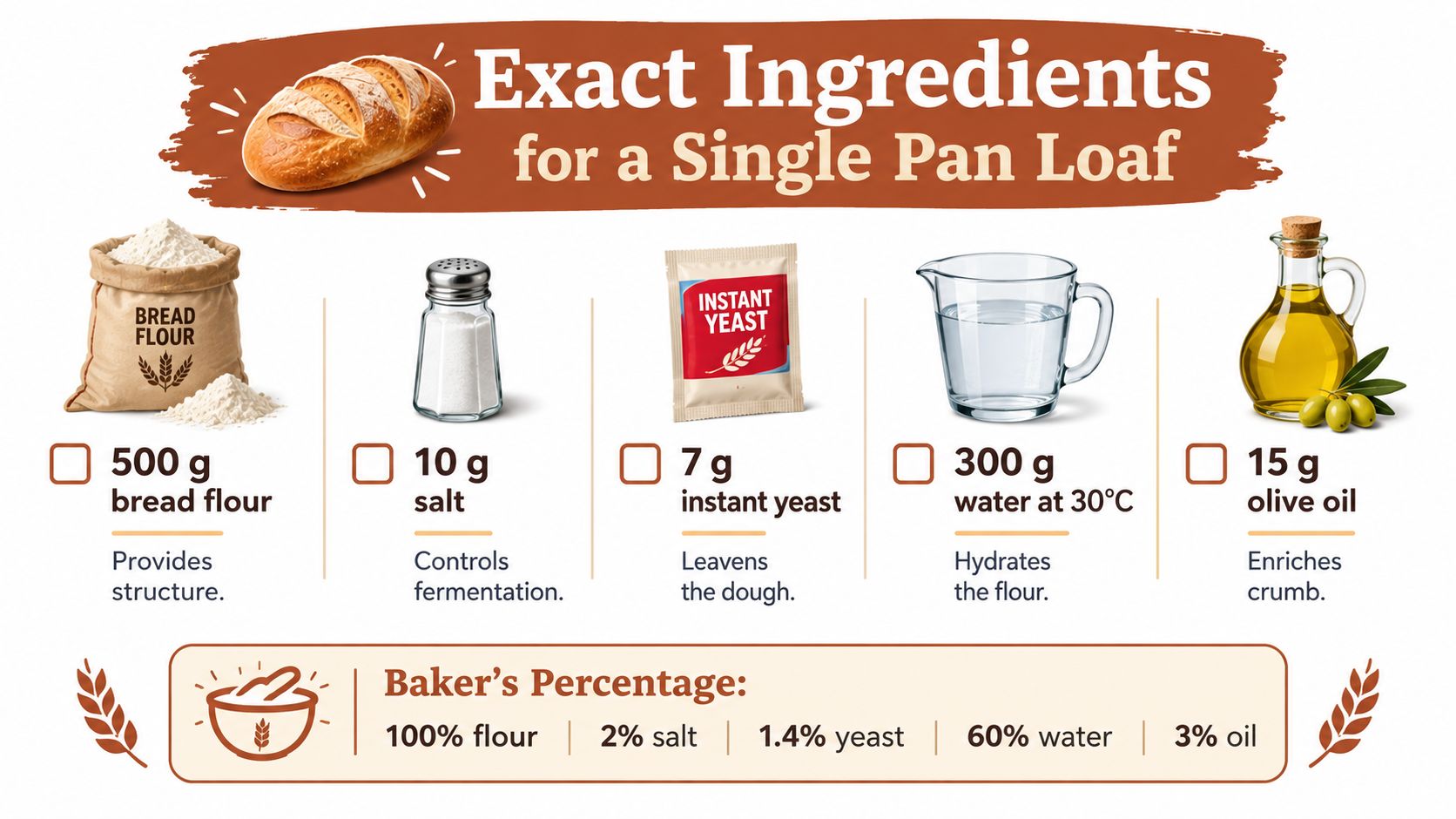 A visual guide illustrating the exact ingredients for a single loaf of bread including flour, salt, yeast, water, and oil.