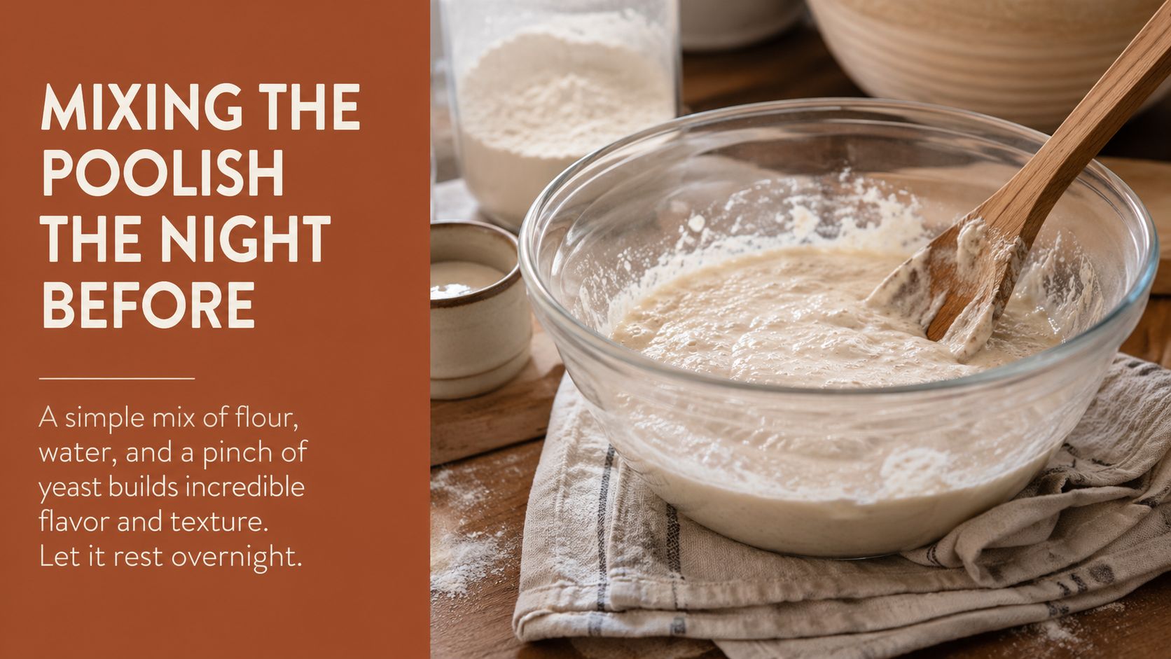 A glass bowl filled with poolish sourdough starter mix, being stirred with a wooden spoon on a rustic table.