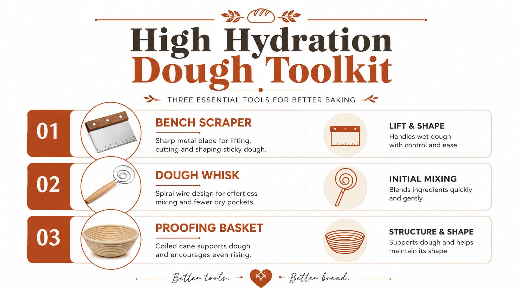 An infographic detailing three essential tools for baking high hydration bread: a bench scraper, dough whisk, and proofing basket.