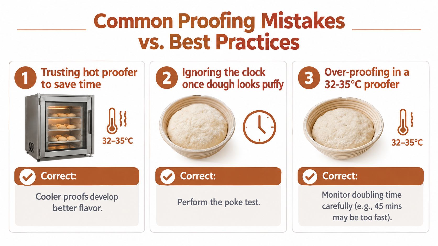 An infographic illustrating three common bread proofing mistakes compared against recommended best practices for professional bakers.