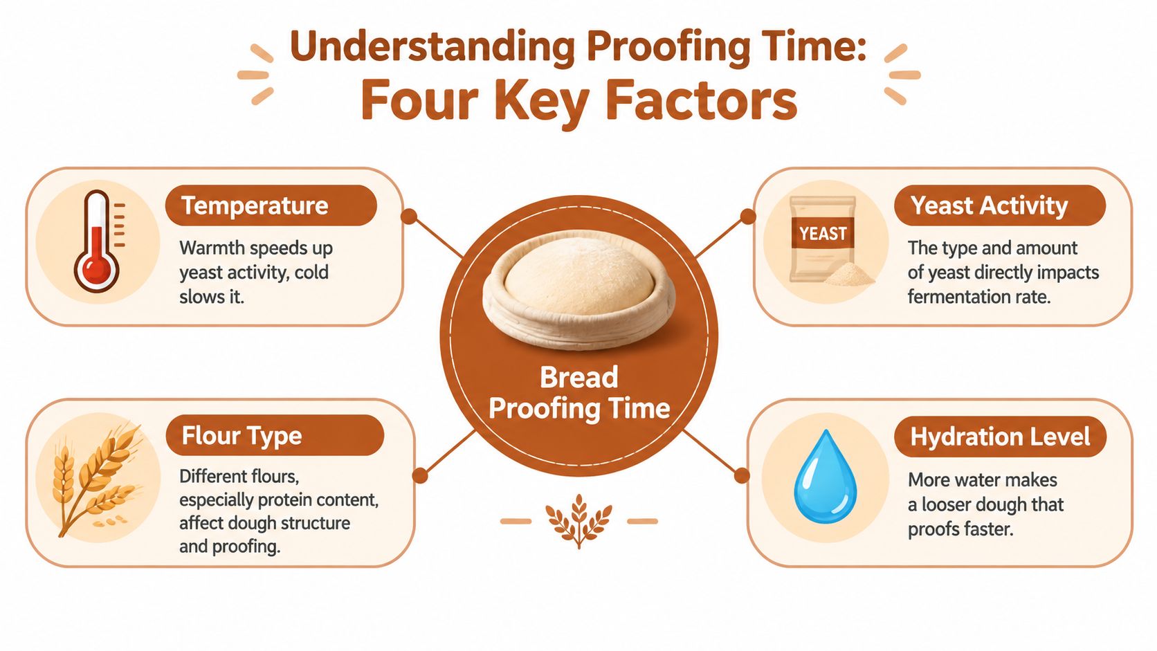 An infographic illustrating four key factors affecting bread proofing time: temperature, yeast activity, flour type, and hydration level.