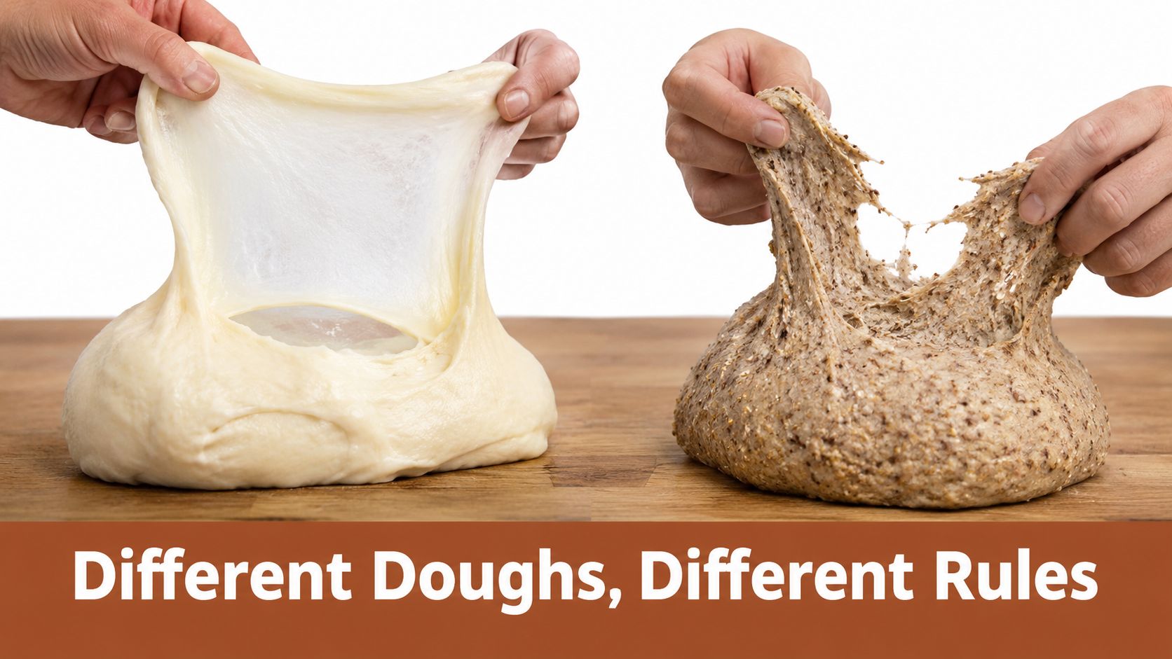 A side-by-side comparison showing a smooth white dough passing the windowpane test versus a whole grain dough.