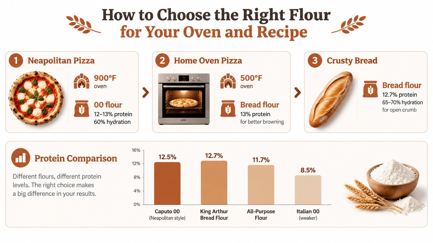 An infographic showing the best types of flour for different baking recipes and oven temperatures.