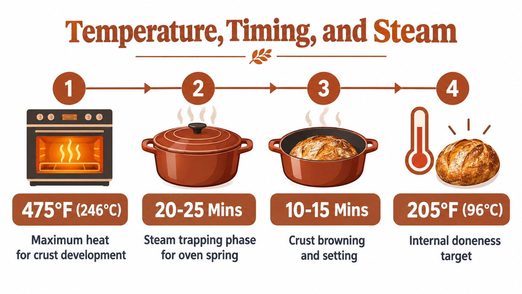 A four-step instructional graphic showing the temperatures and timing for baking sourdough bread in a dutch oven.