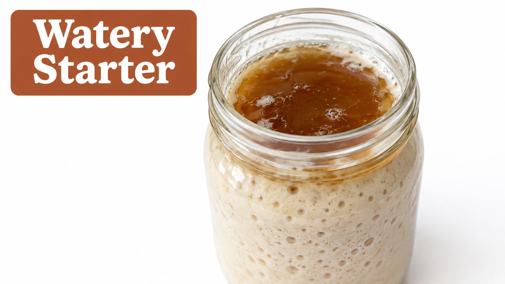 A glass jar containing a bubbly, active sourdough starter with a layer of dark liquid on top.