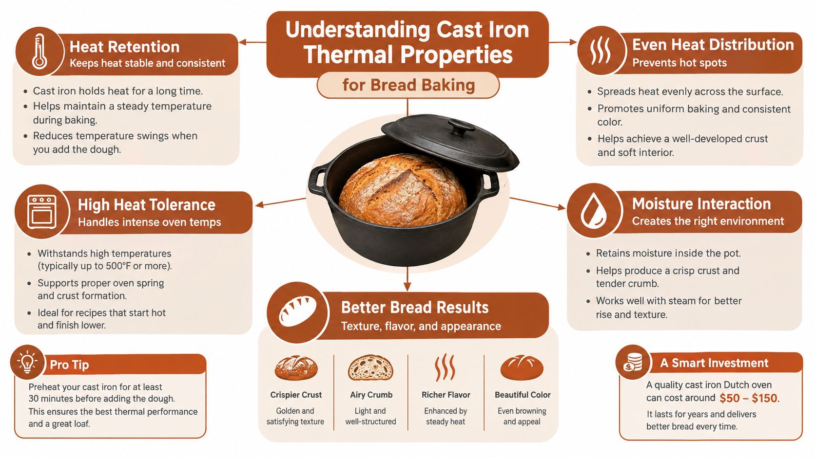 A diagram explaining the thermal benefits of using a cast iron Dutch oven for baking artisanal bread.