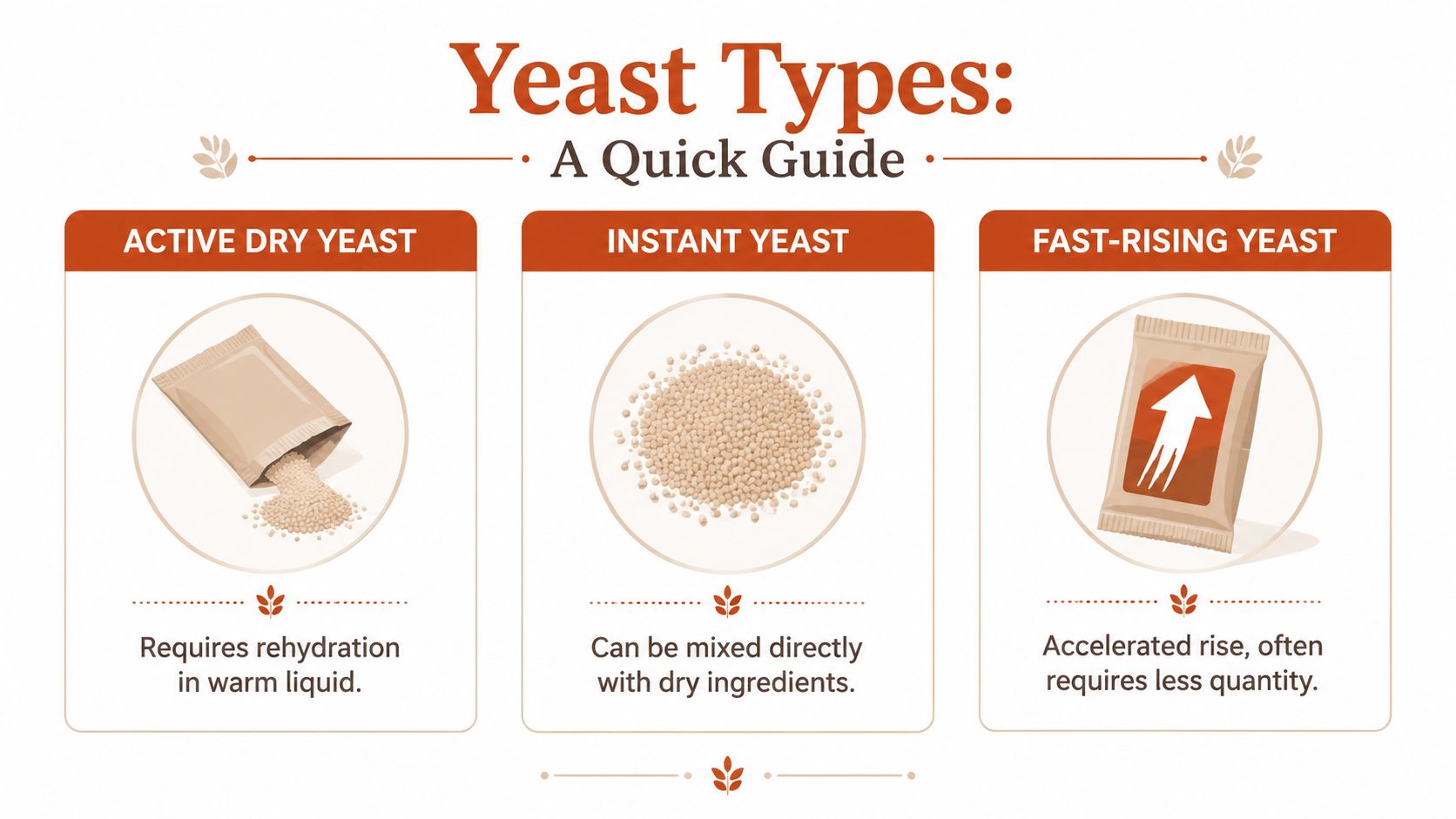 A simple infographic explaining the three main types of baking yeast: active dry, instant, and fast-rising.