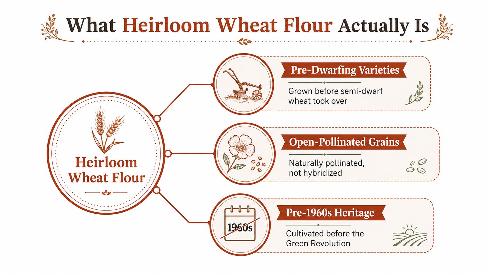 An infographic defining heirloom wheat flour as pre-dwarfing, open-pollinated grains with pre-1960s heritage origins.