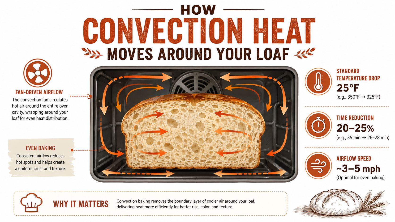 A diagram illustrating how convection oven airflow circulates heat around a loaf of bread for baking.