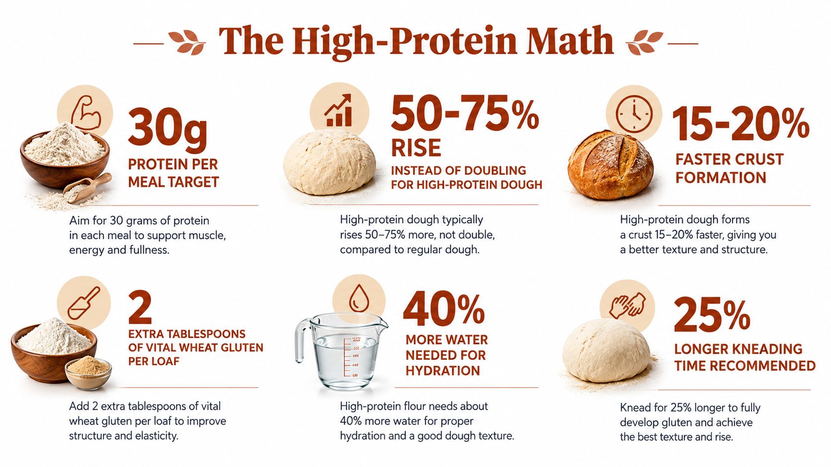 An infographic titled The High-Protein Math explaining six tips for baking high-protein bread loaves.