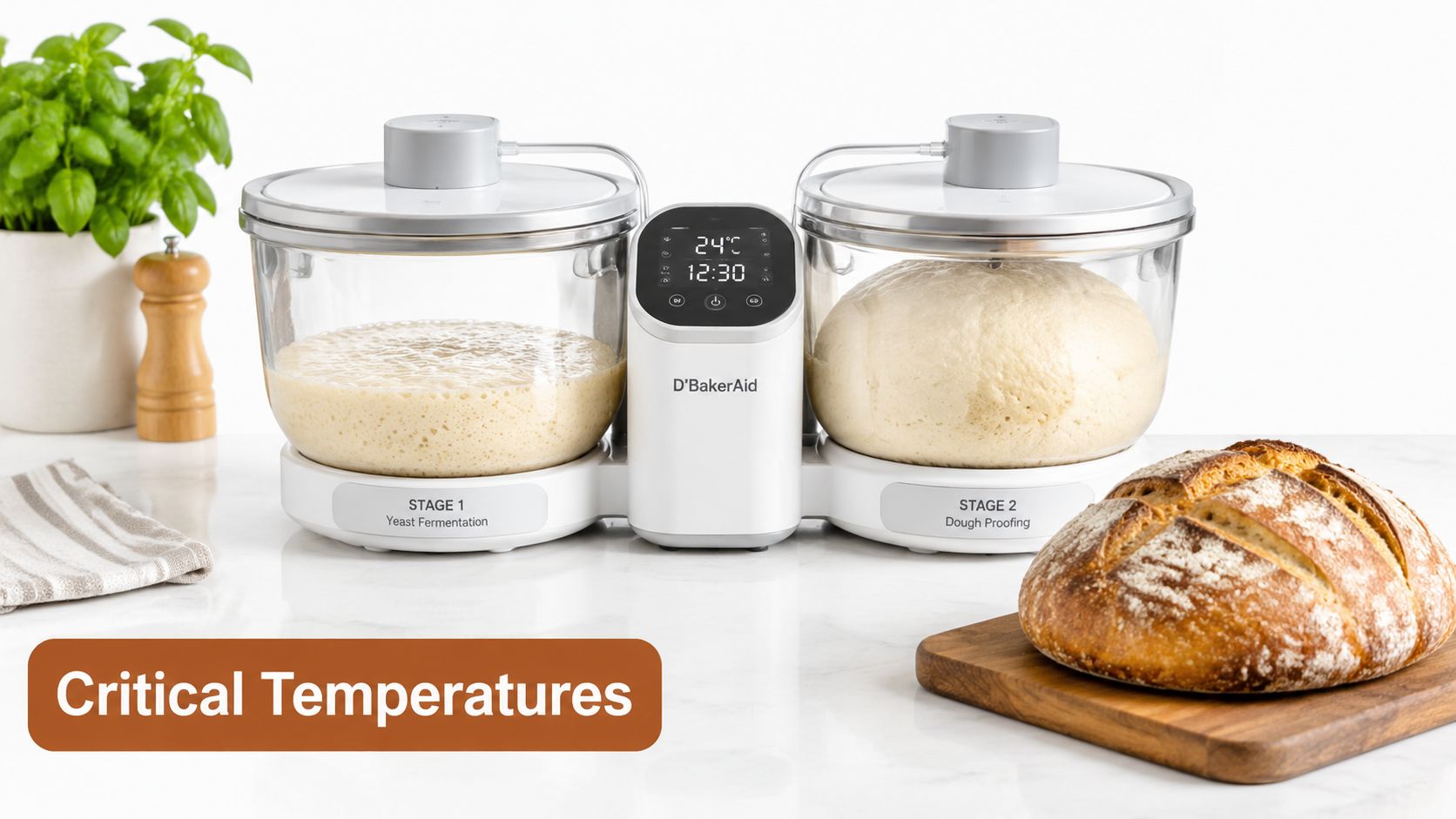 A modern D'BakerAid dual-chamber device for automated yeast fermentation and dough proofing sits on a kitchen counter.