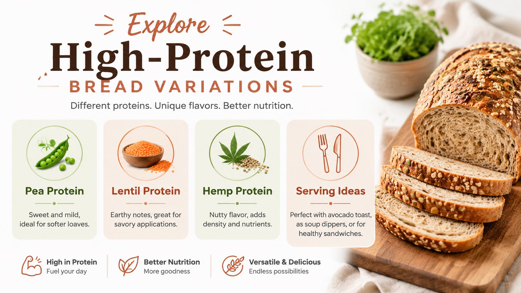 A nutritional guide showcasing different high-protein bread variations including pea, lentil, and hemp protein options.