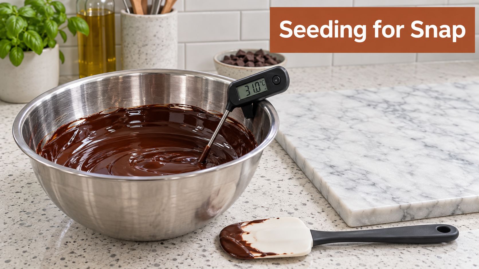 A stainless steel bowl filled with melted dark chocolate being tempered with a digital thermometer.