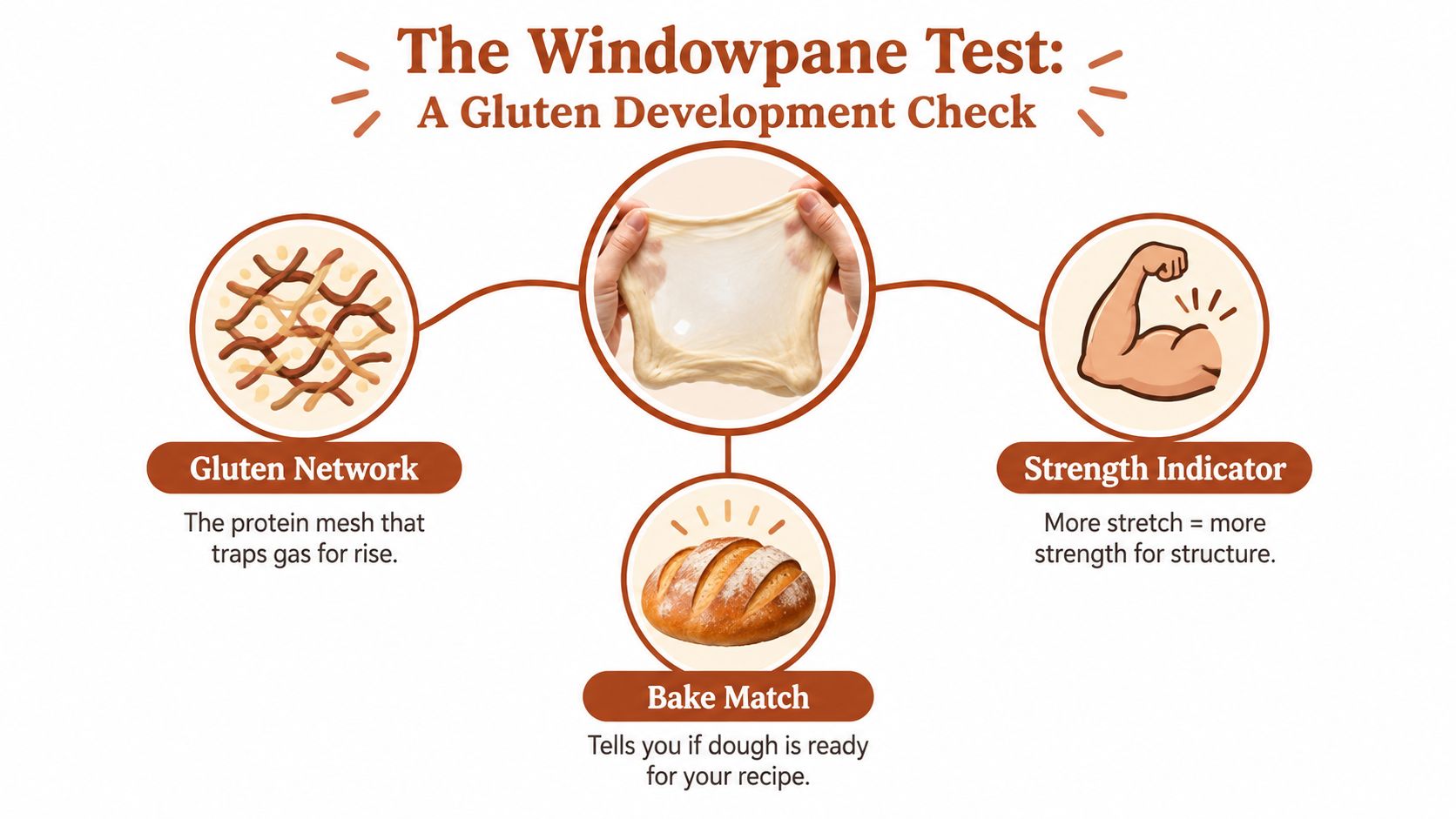 An infographic illustrating the windowpane test for checking gluten development in bread dough.