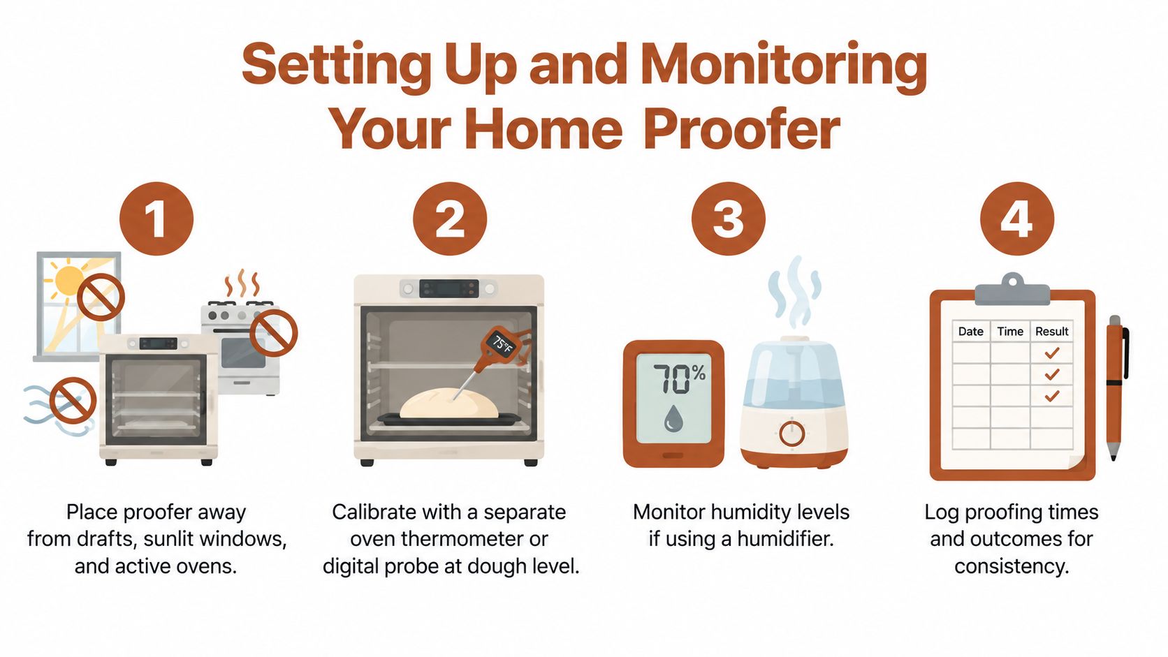 A step-by-step infographic illustrating how to properly set up and monitor a bread dough proofer.