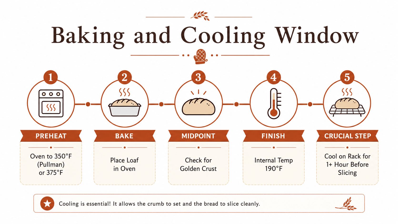 A five-step infographic illustration explaining the baking and cooling process for a loaf of bread.