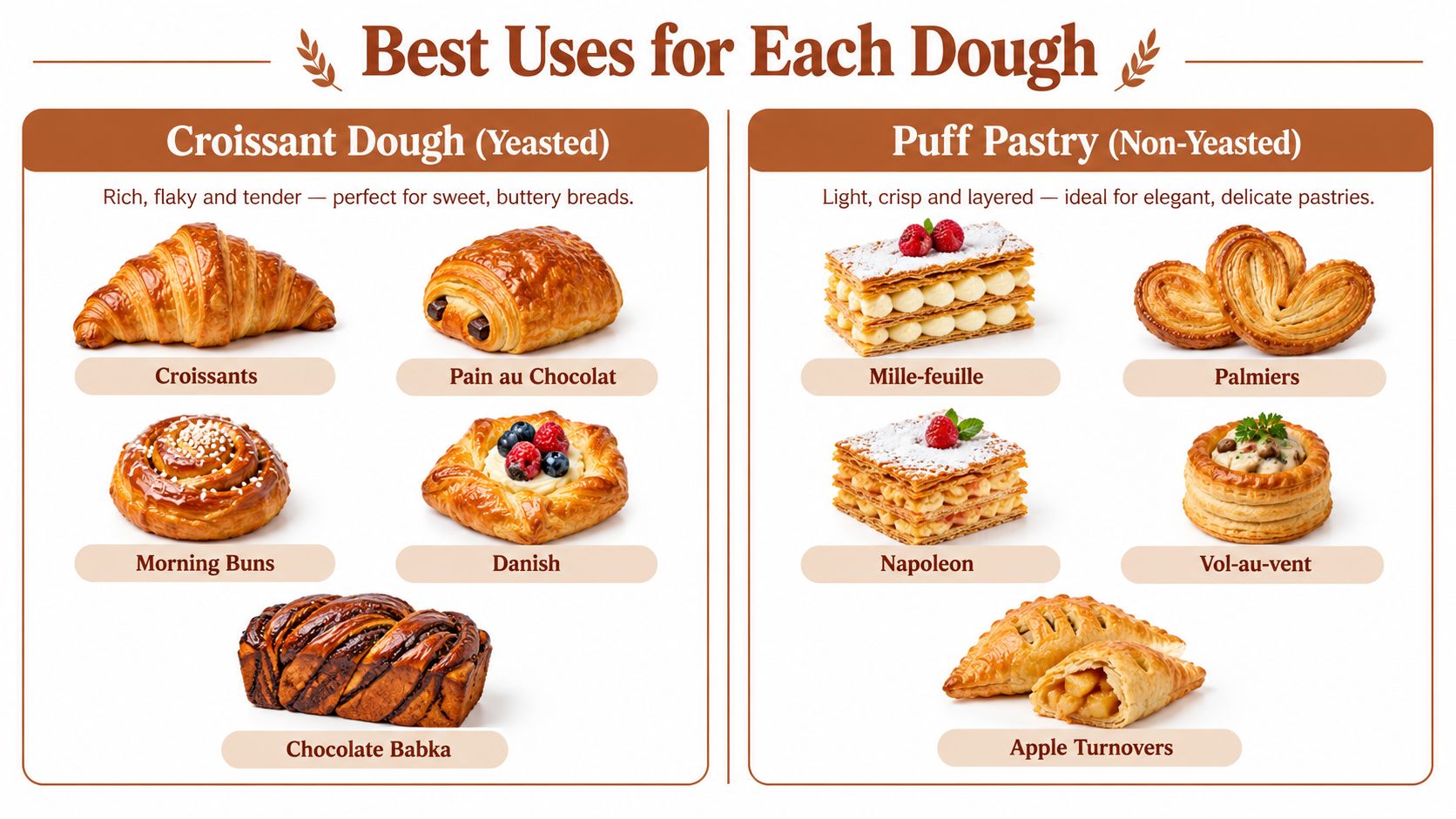 A comparison guide showing various pastries made from croissant yeasted dough and non-yeasted puff pastry dough.