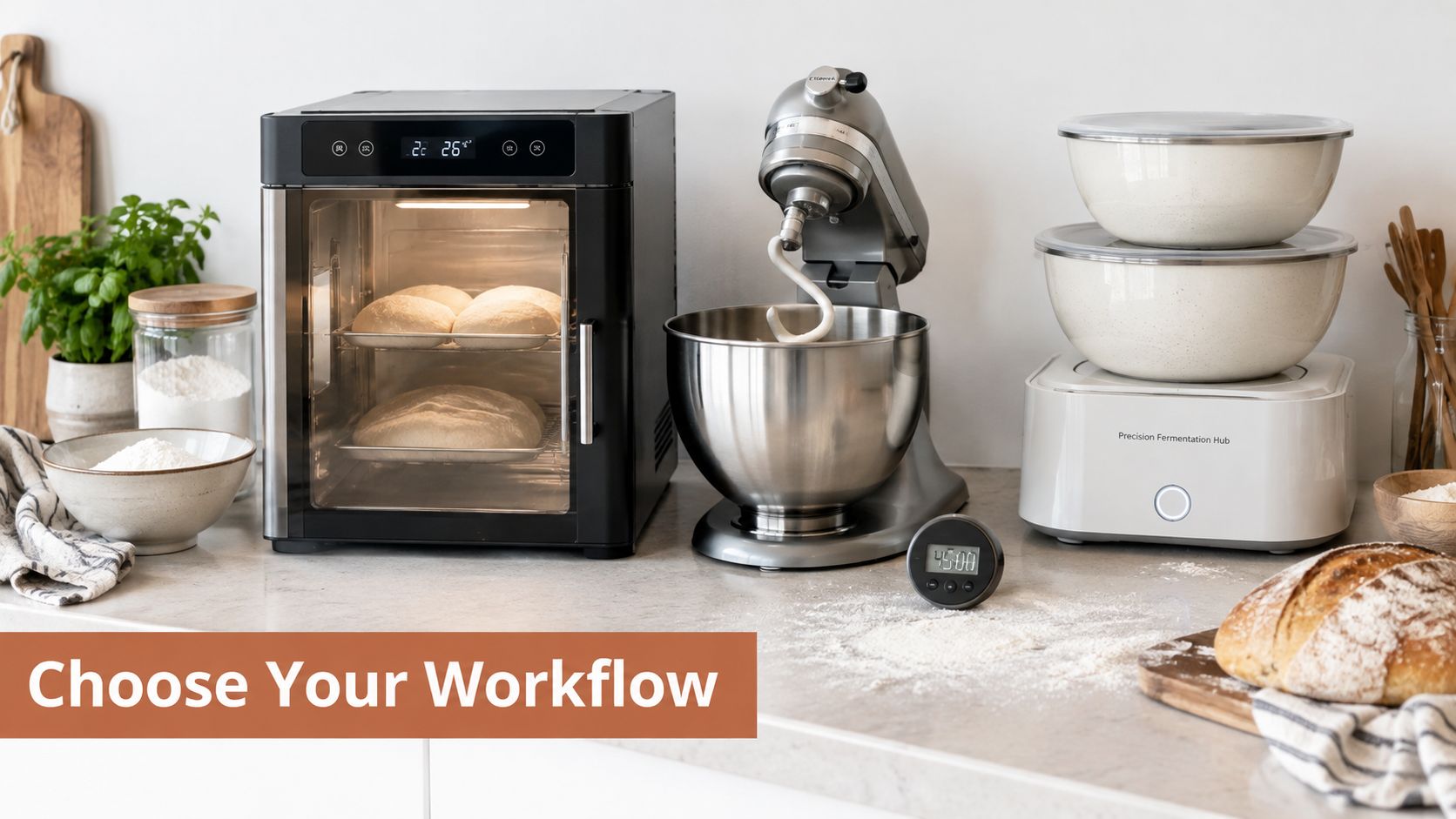 A modern kitchen counter featuring sourdough baking tools including a proofer, mixer, and fermented dough in bowls.