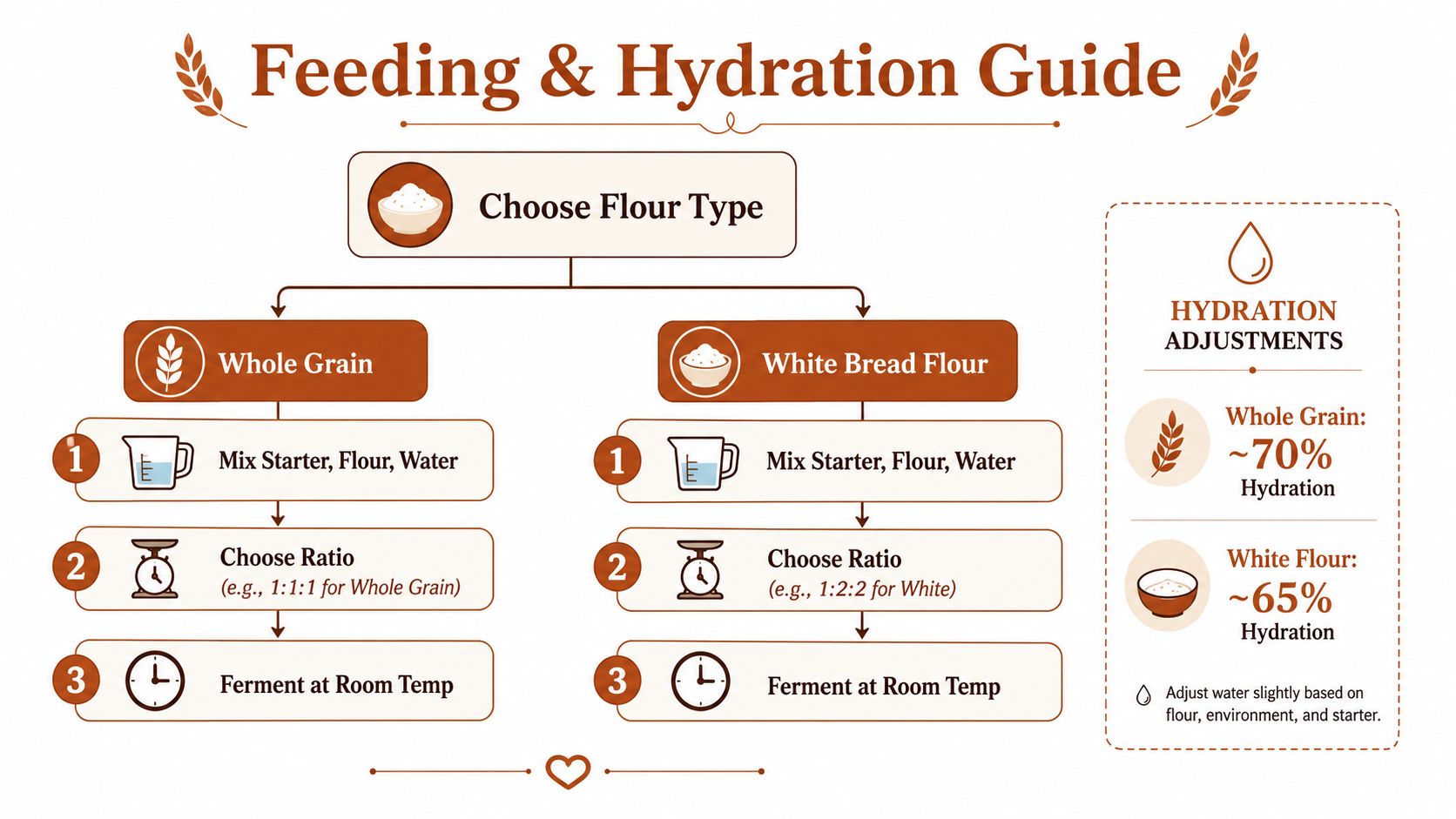 An instructional infographic outlining sourdough starter feeding ratios and hydration levels for whole grain and white flours.