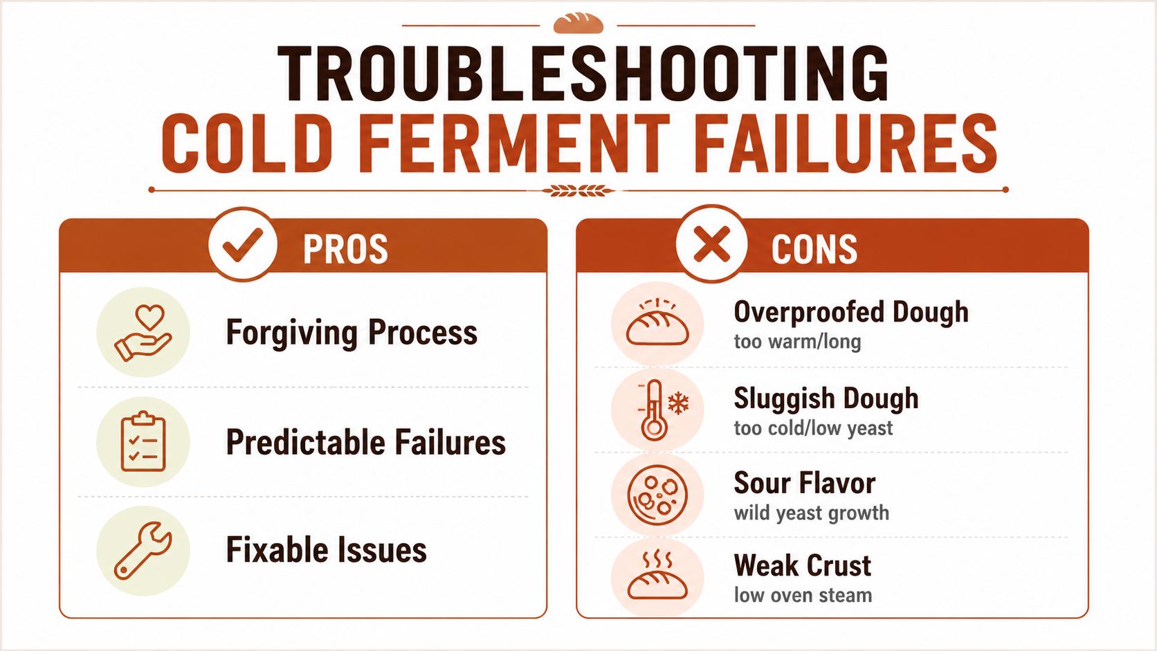 An infographic titled Troubleshooting Cold Ferment Failures listing the pros and cons of cold fermentation for bread.