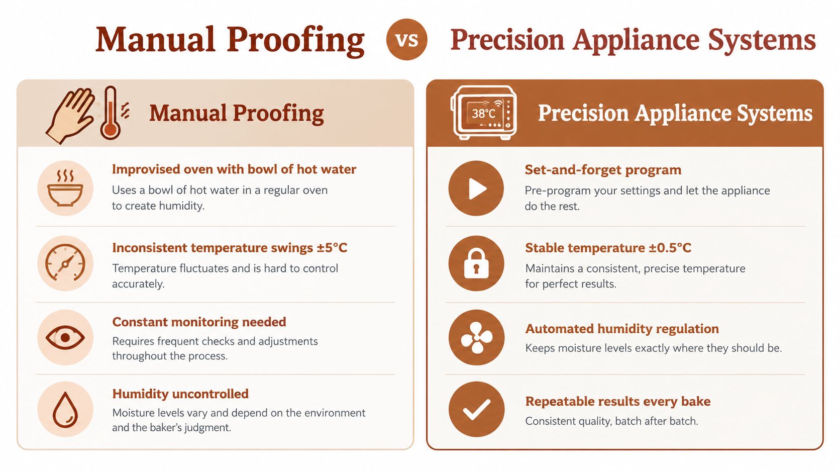 A comparison chart highlighting the differences between manual dough proofing methods and precision appliance proofing systems.