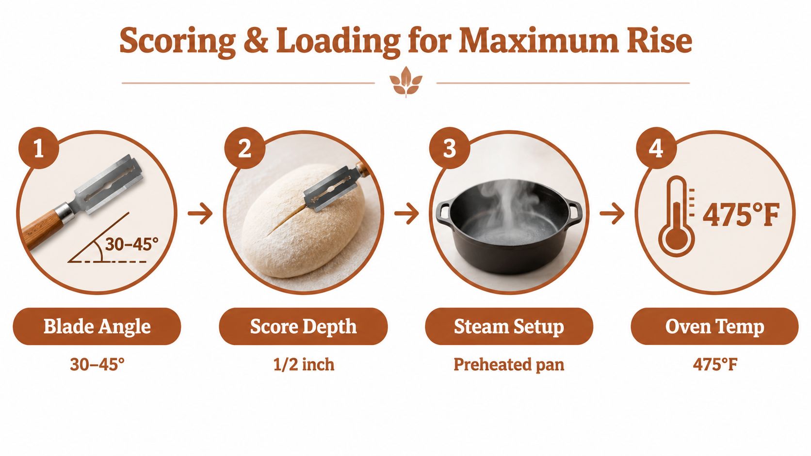 An instructional infographic detailing the steps for scoring and baking bread to achieve maximum oven spring.