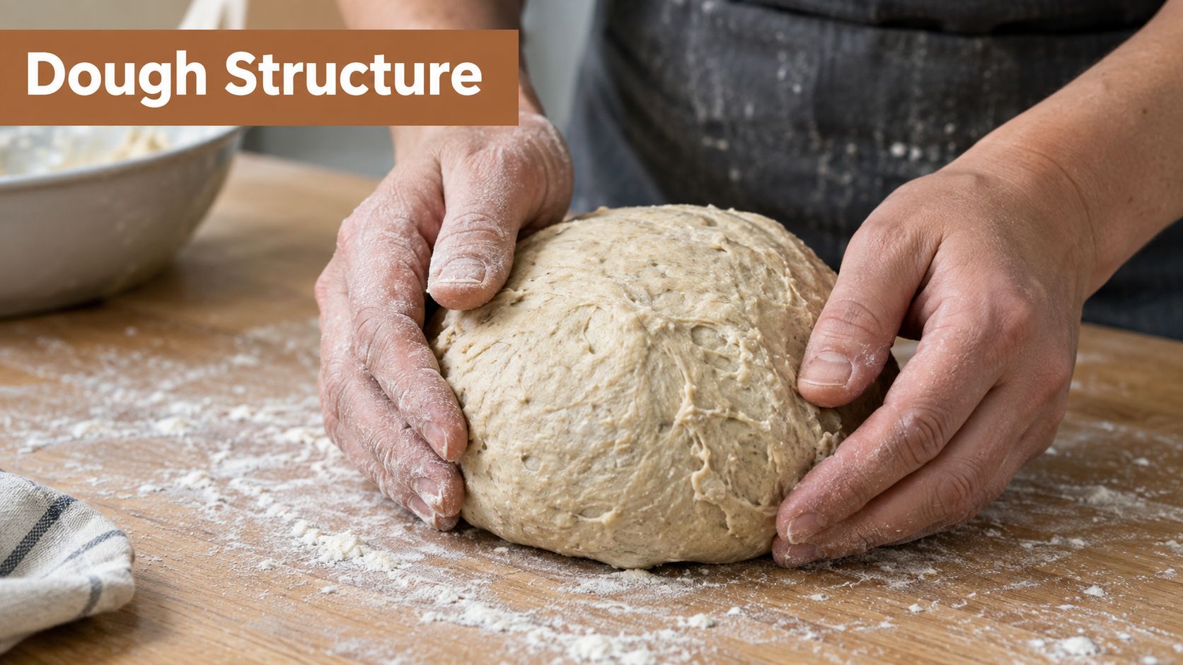 A baker kneading a round ball of fresh raw sourdough bread dough on a wooden kitchen counter.