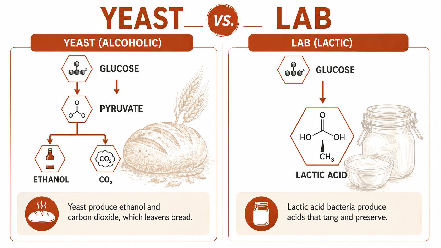 A diagram comparing alcoholic fermentation by yeast versus lactic acid fermentation by bacteria in food production.