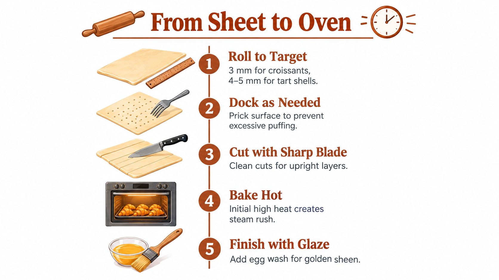 A five-step infographic illustrating the professional technique for preparing and baking puff pastry from scratch.
