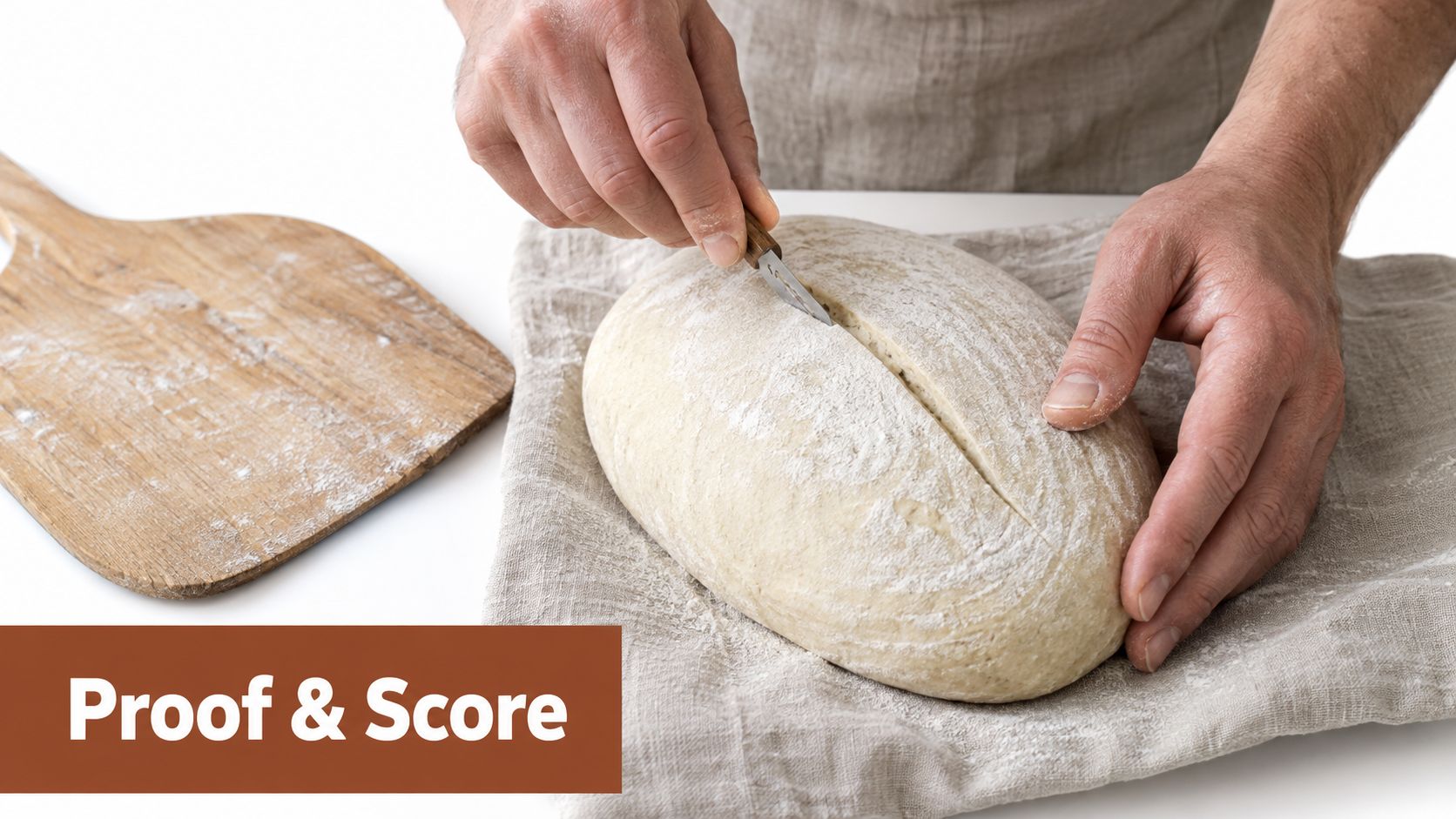 A pair of hands using a sharp blade to score the surface of an artisan sourdough bread loaf.