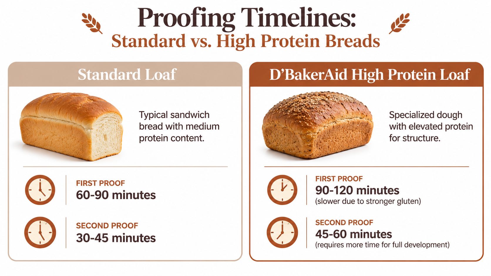 A comparison chart showing proofing times for standard sandwich bread and D'BakerAid high protein bread loaves.