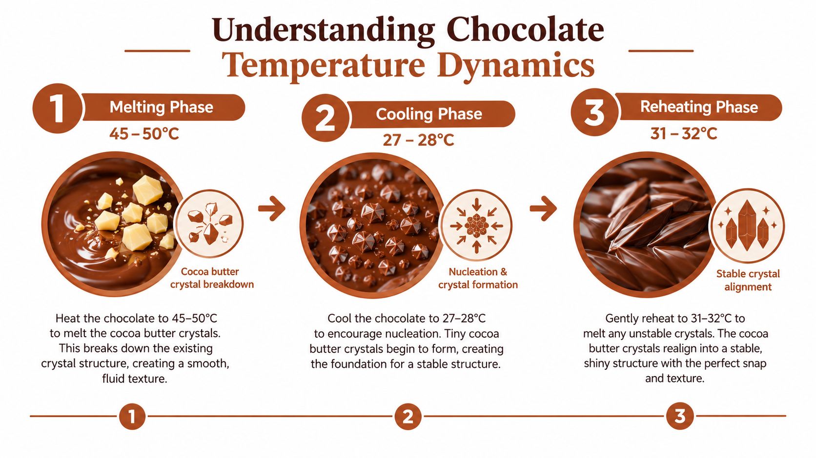 A three-step infographic showing the temperature dynamics for tempering chocolate through melting, cooling, and reheating phases.