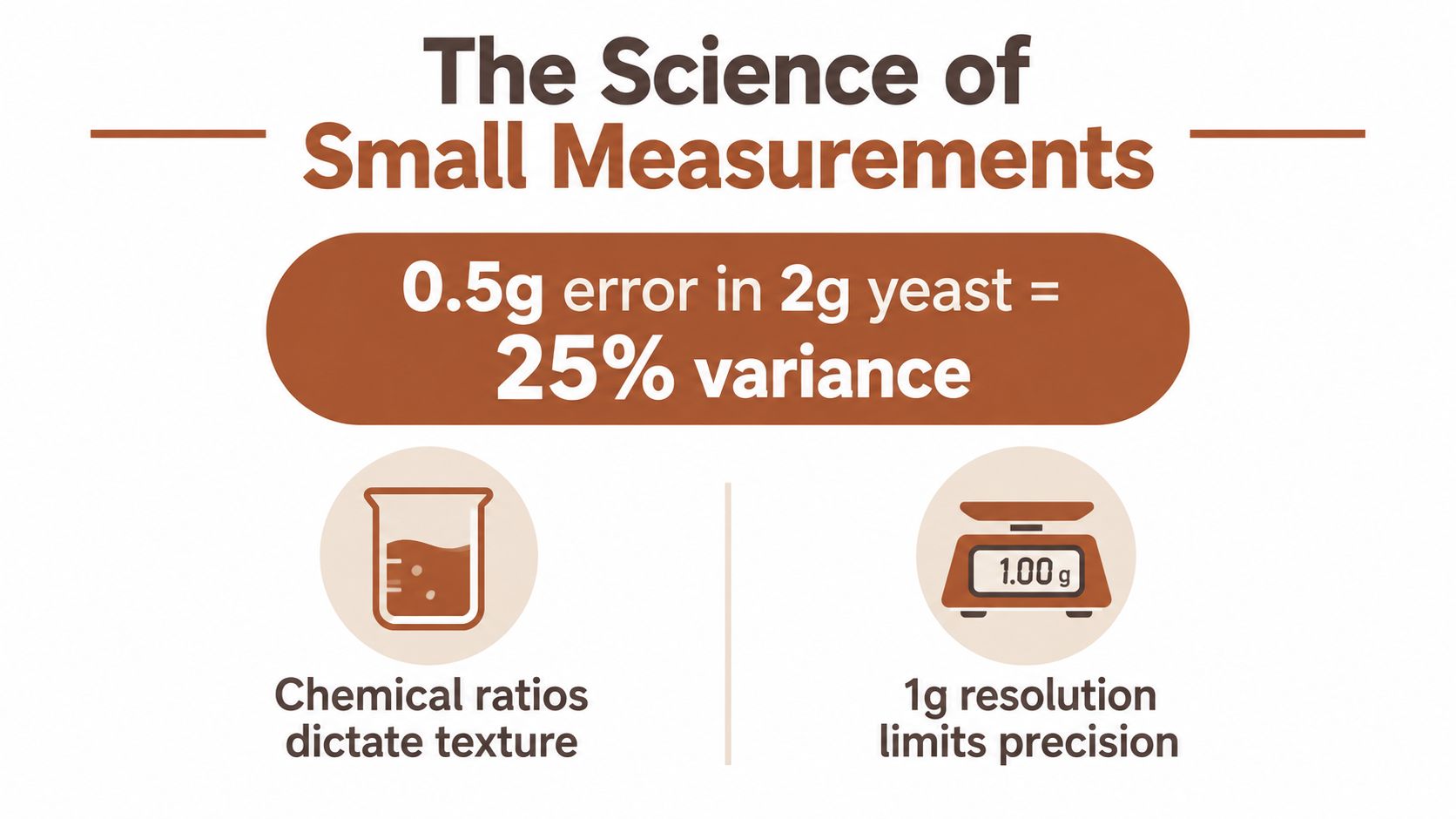 An infographic illustrating how a 0.5g error with 2g of yeast results in a 25% measurement variance.