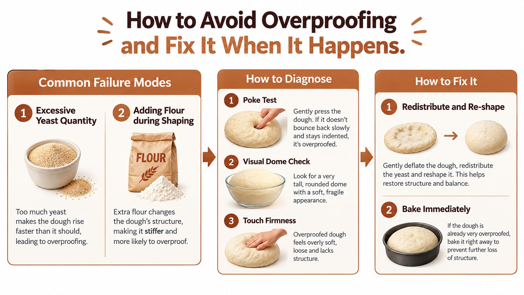 An infographic titled How to Avoid Overproofing and Fix It When It Happens, showing tips for bread dough.
