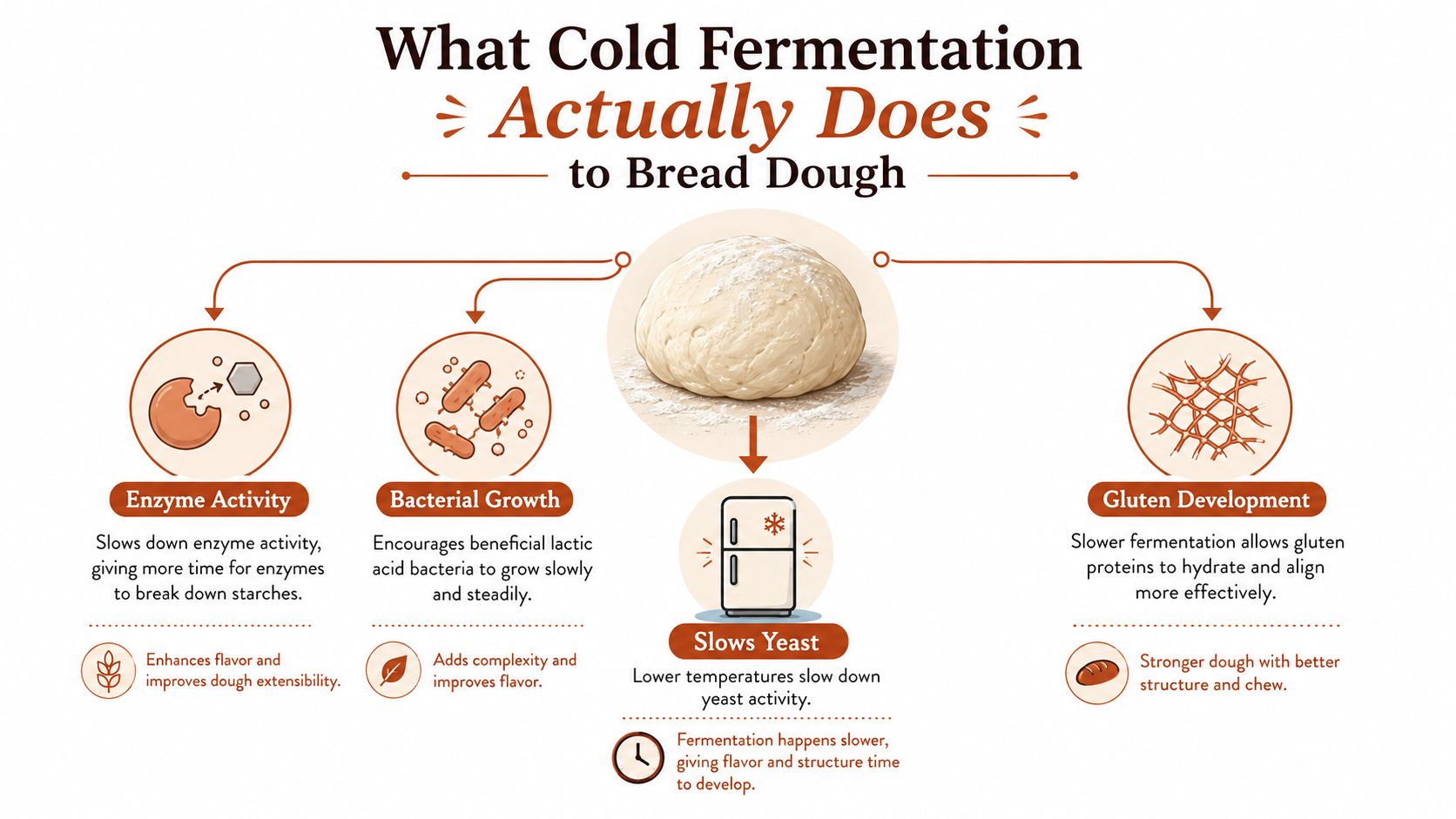 An infographic showing the benefits of cold fermentation on bread dough including enzymes, bacteria, and gluten development.