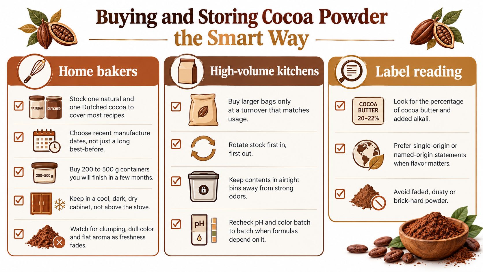 An infographic titled Buying and Storing Cocoa Powder the Smart Way, offering tips for bakers and kitchens.