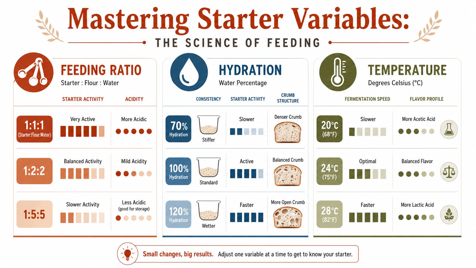 An infographic titled Mastering Starter Variables showing how feeding ratios, hydration levels, and temperature affect sourdough starter fermentation.