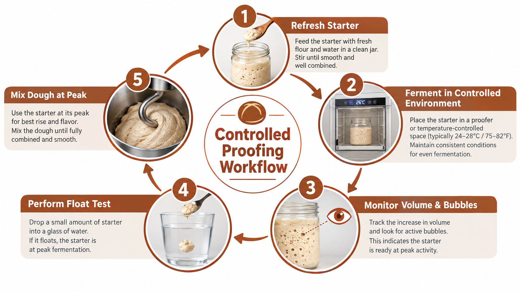A diagram illustrating a five-step controlled proofing workflow for maintaining and preparing a healthy sourdough starter.