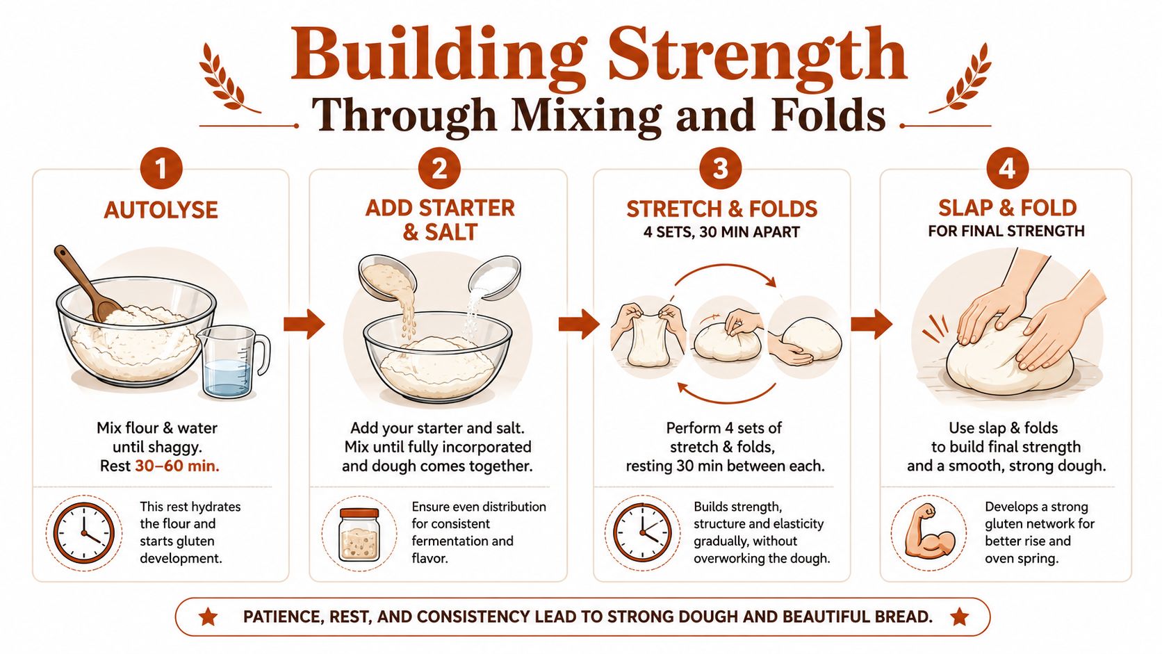An infographic detailing the four steps of building sourdough dough strength through autolyse, folding, and slapping.
