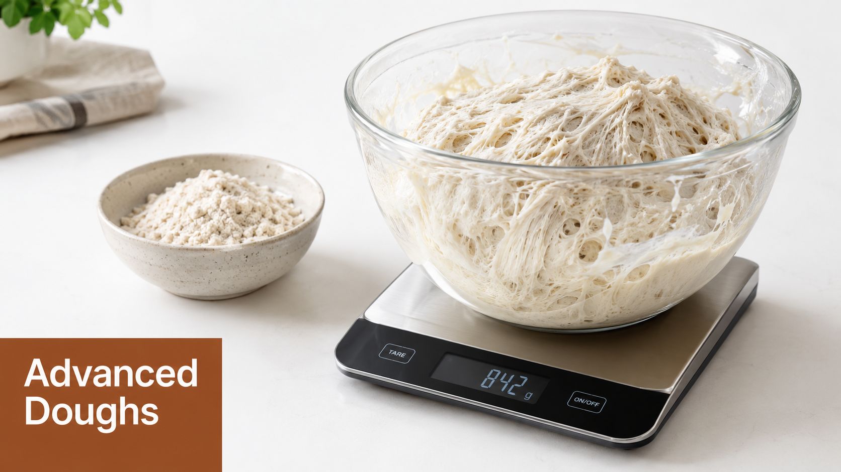A glass bowl containing proofing sourdough dough sitting on a digital kitchen scale displaying 842 grams.