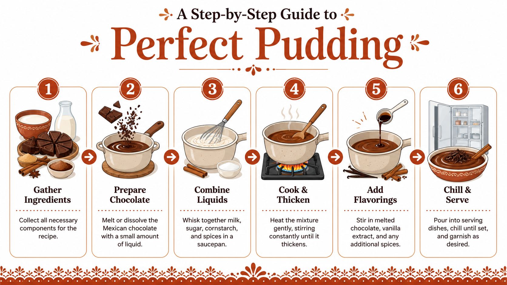 A six-step infographic showing the simple process for preparing homemade Mexican chocolate pudding in a kitchen.