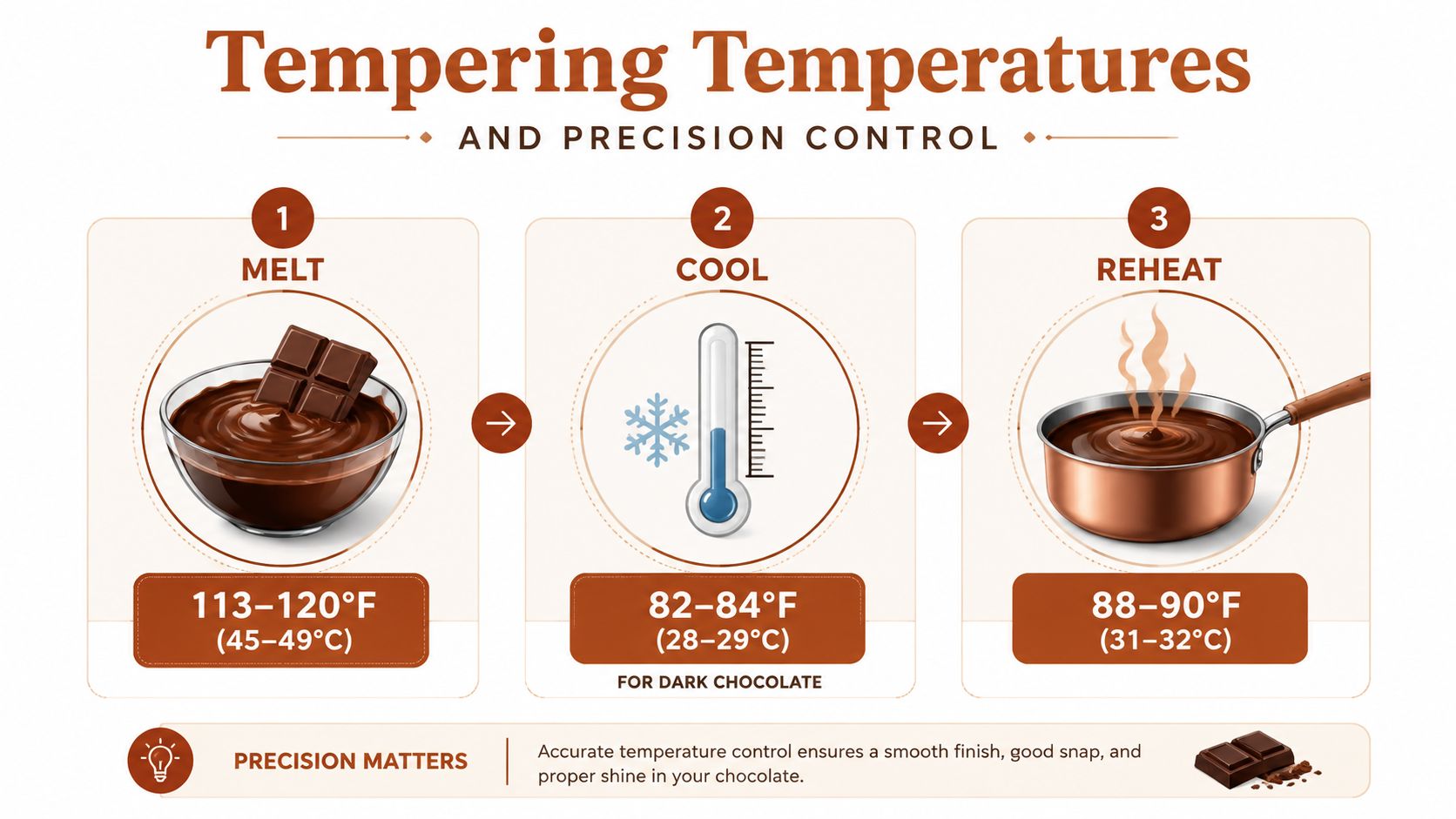 A diagram illustrating the three steps of tempering chocolate: melt, cool, and reheat with specific temperatures.