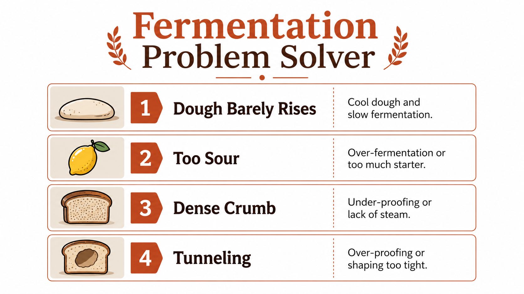 A Fermentation Problem Solver infographic showing tips for fixing common bread baking issues like dense crumb and tunneling.