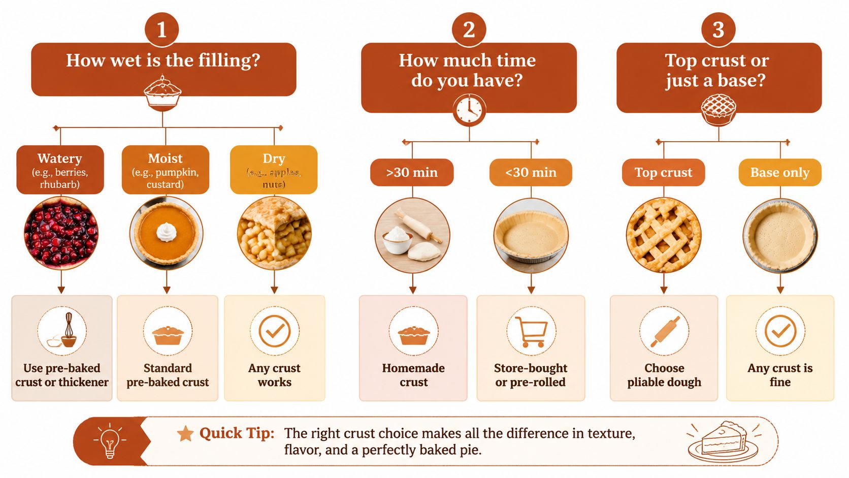 An infographic guiding users through choosing the right pie crust based on filling moisture, time, and style.