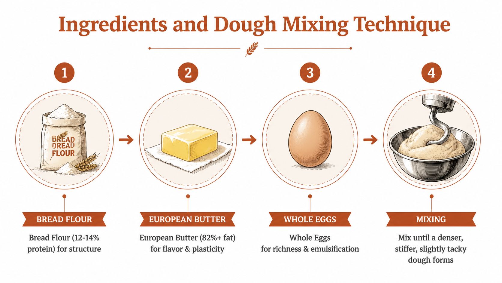 An infographic showing four steps for making brioche dough, featuring flour, butter, eggs, and mixing.