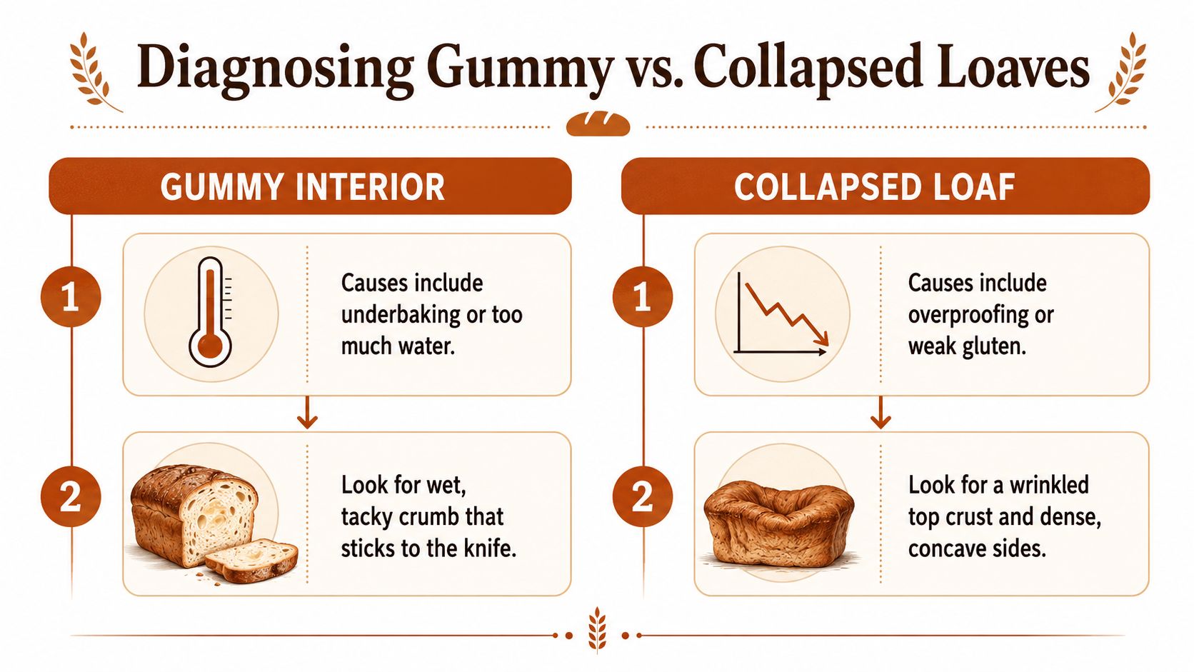 A diagnostic guide illustrating the differences between gummy bread interiors and collapsed loaves with their common causes.